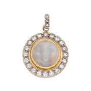 Victorian Revival 14k Carved Moonstone + Diamond "Man in the Moon" Pendant