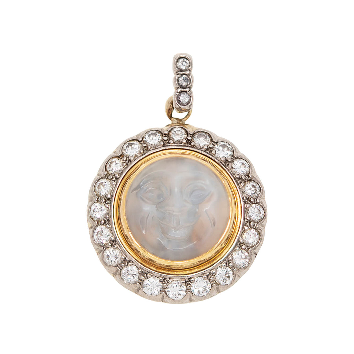 Victorian Revival 14k Carved Moonstone + Diamond "Man in the Moon" Pendant