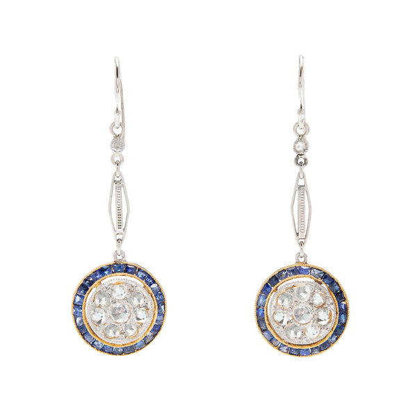 Edwardian 14k/Platinum Diamond + Sapphire Dangle Earrings
