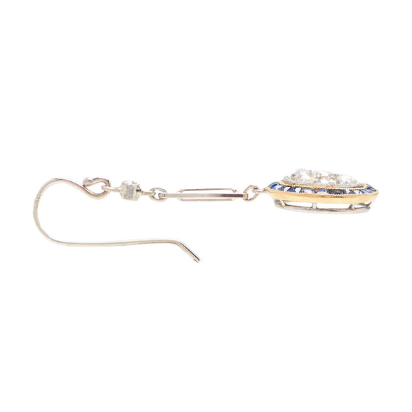 Edwardian 14k/Platinum Diamond + Sapphire Dangle Earrings