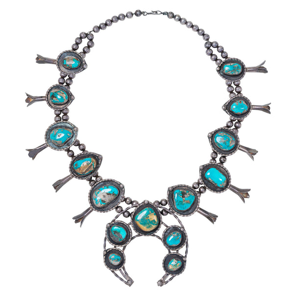 Retro Coin Silver + Turquoise Squash Blossom Necklace