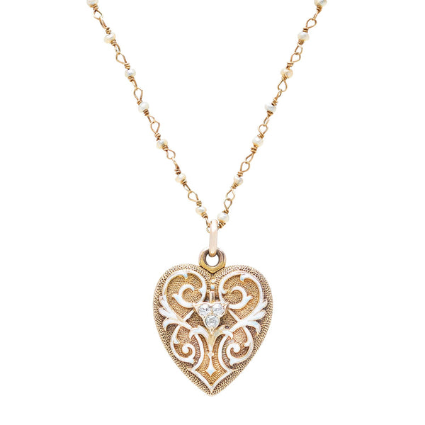 Victorian 14k Enamel + Diamond Heart Locket w/ Seed Pearl Chain