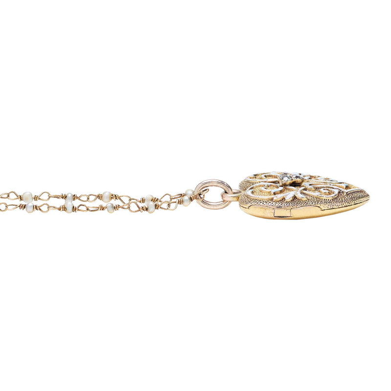 Victorian 14k Enamel + Diamond Heart Locket w/ Seed Pearl Chain
