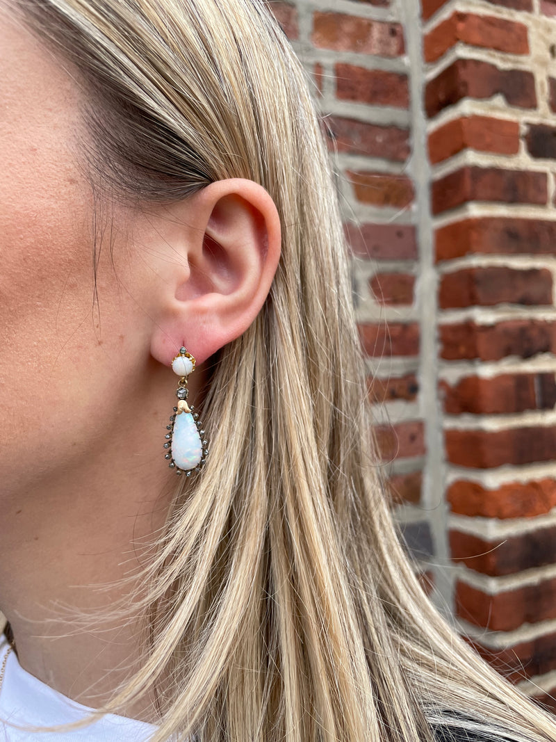 Edwardian French 18kt Opal + Diamond Dangle Earrings