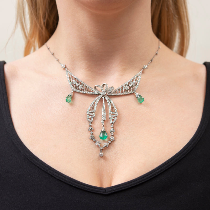 Art Deco Platinum Diamond & Emerald Festoon Necklace