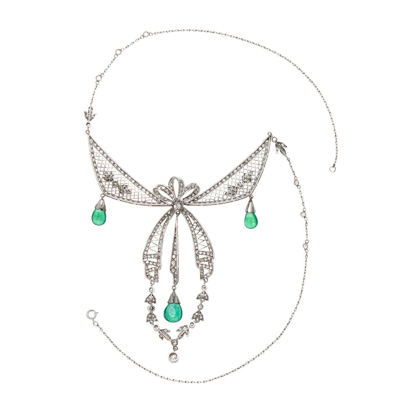 Art Deco Platinum Diamond & Emerald Festoon Necklace
