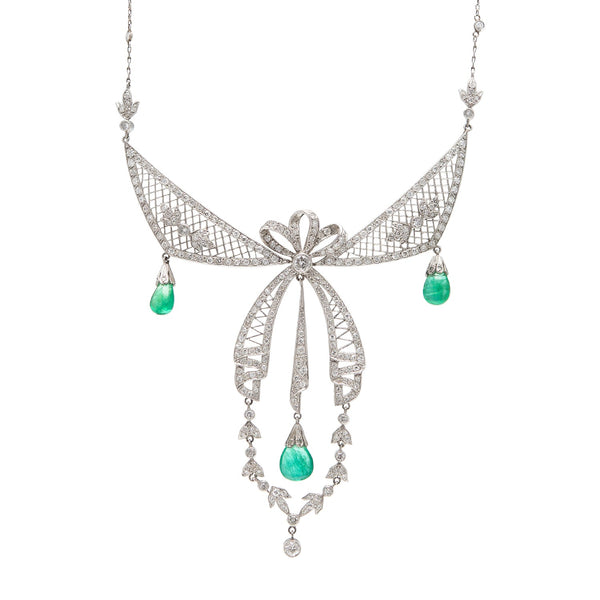 Art Deco Platinum Diamond & Emerald Festoon Necklace
