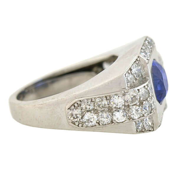 Late Art Deco French Platinum 4.30ct Natural Ceylon Sapphire Diamond Ring