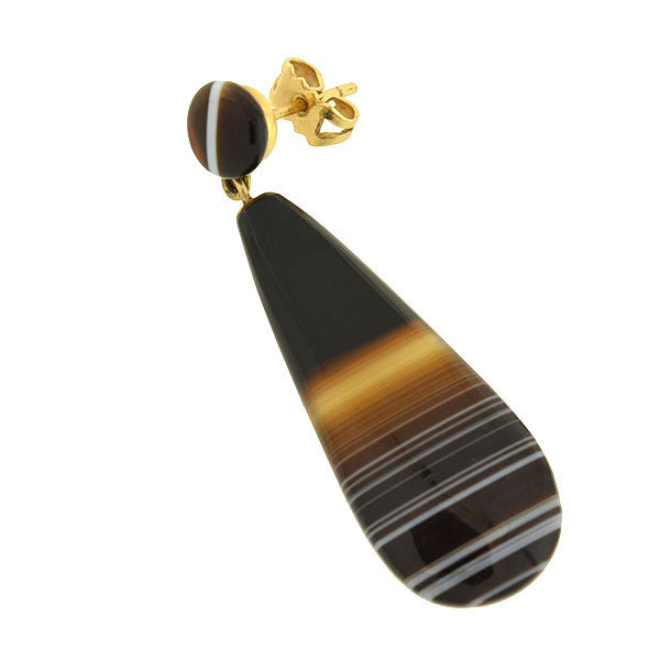 Victorian 14kt Carved Banded Agate Teardrop Earrings