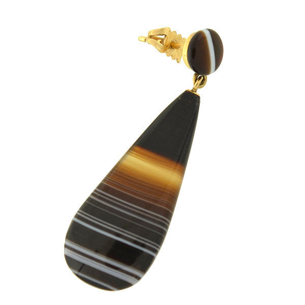 Victorian 14kt Carved Banded Agate Teardrop Earrings