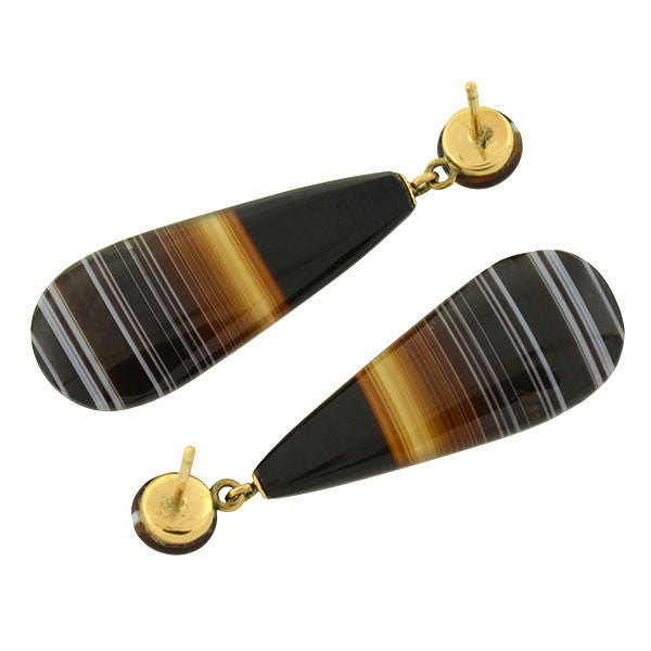 Victorian 14kt Carved Banded Agate Teardrop Earrings