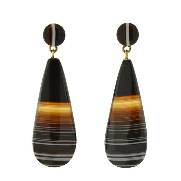 Victorian 14kt Carved Banded Agate Teardrop Earrings