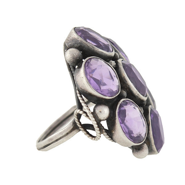Early Retro Large Sterling Amethyst Cluster Ring