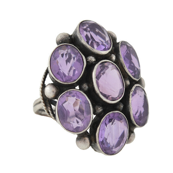 Early Retro Large Sterling Amethyst Cluster Ring