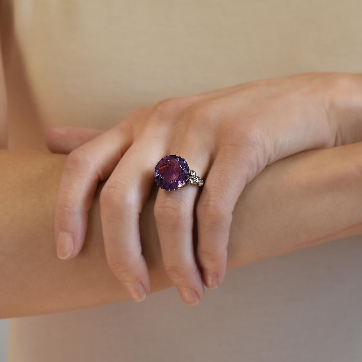 Edwardian 14kt Large 14ct Amethyst + Diamond Ring