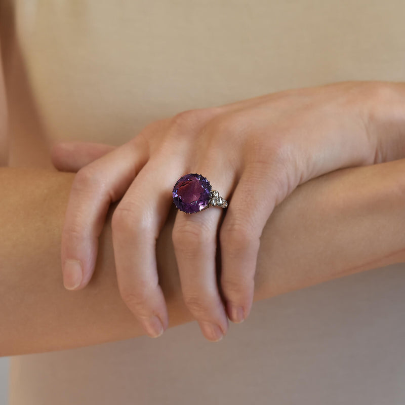 Edwardian 14kt Large 14ct Amethyst + Diamond Ring