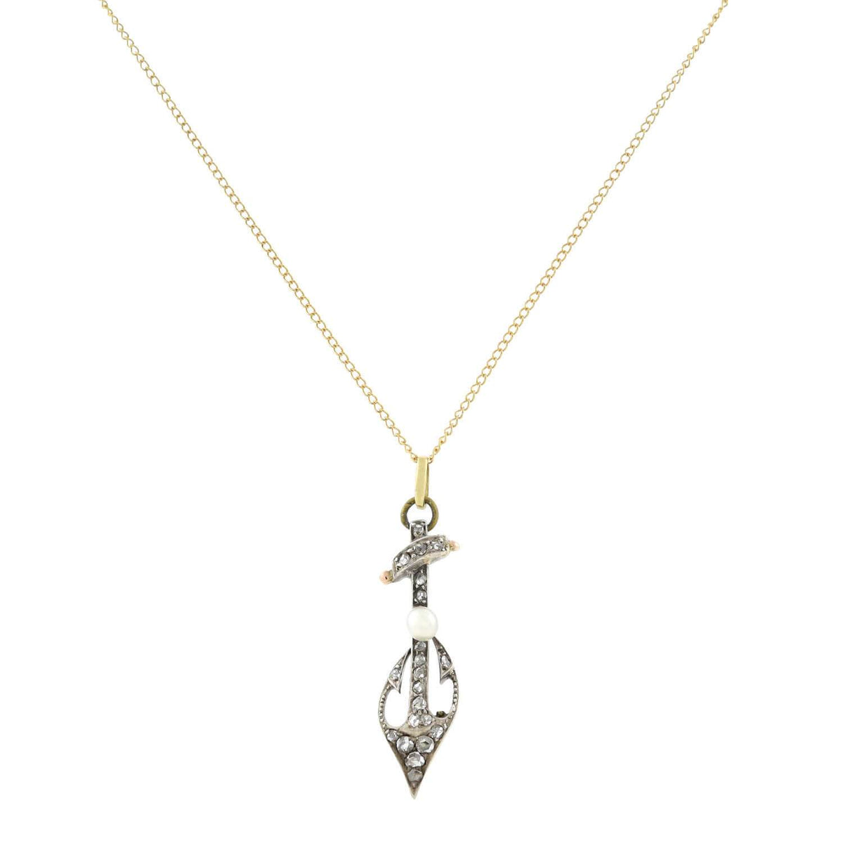 Victorian 18kt/Sterling Diamond + Pearl Anchor Necklace