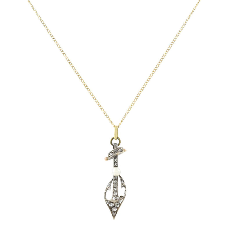 Victorian 18kt/Sterling Diamond + Pearl Anchor Necklace