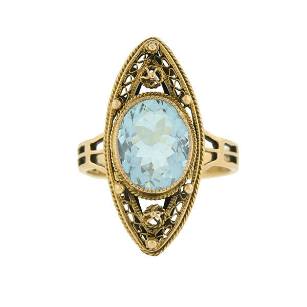 Art Deco 14kt Aquamarine Filigree Navette Ring