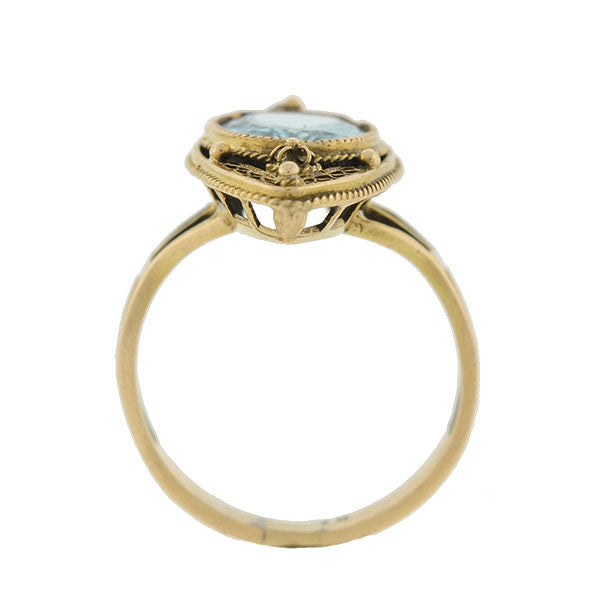 Art Deco 14kt Aquamarine Filigree Navette Ring