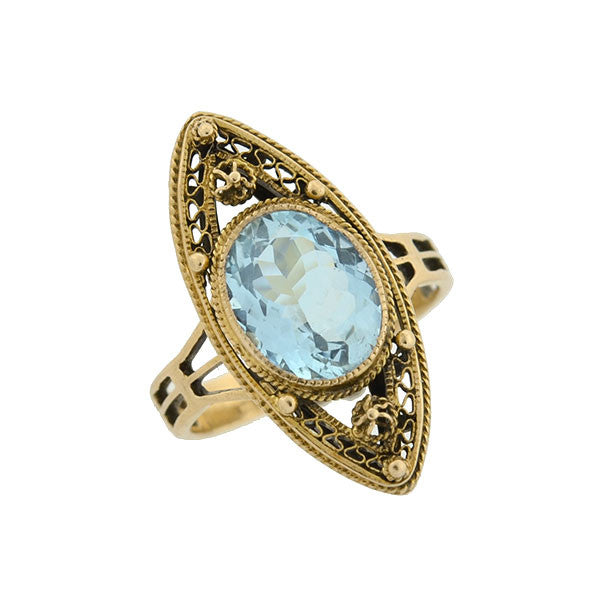 Art Deco 14kt Aquamarine Filigree Navette Ring
