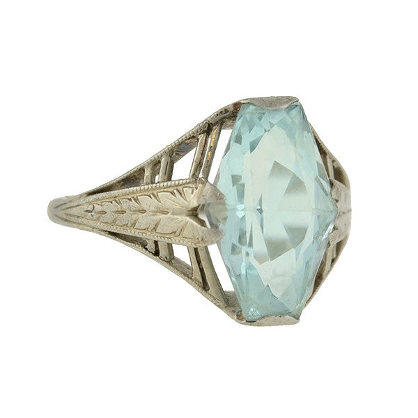 Art Deco 14kt Aquamarine Etched Filigree Ring 2.00ct