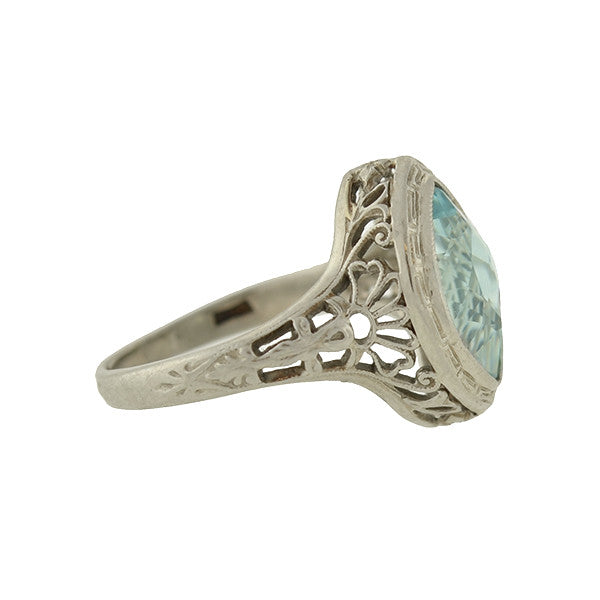 Art Deco 14kt Aquamarine Navette Filigree Ring 1.75ctw