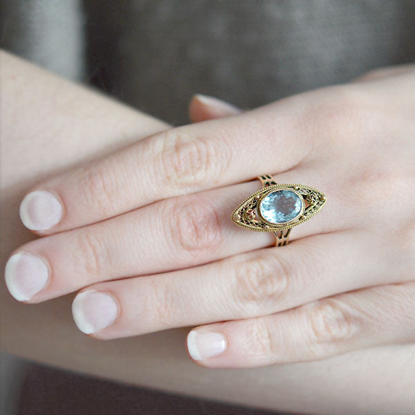 Art Deco 14kt Aquamarine Filigree Navette Ring