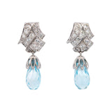 Late Art Deco Platinum Aquamarine Briolette + Diamond Earrings