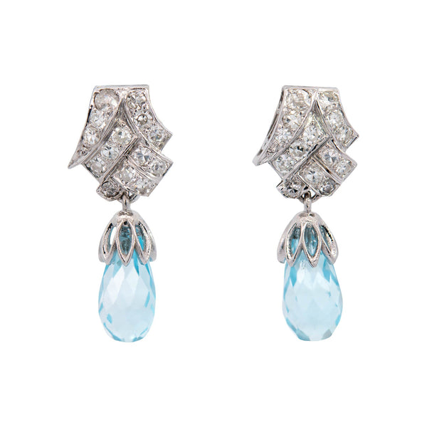 Late Art Deco Platinum Aquamarine Briolette + Diamond Earrings