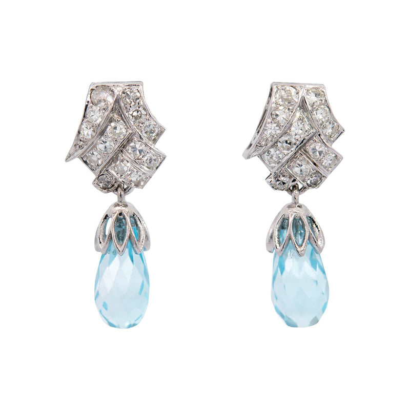 1920s Vintage Art Deco Aquamarine Diamond Platinum Drop Earrings | Chairish
