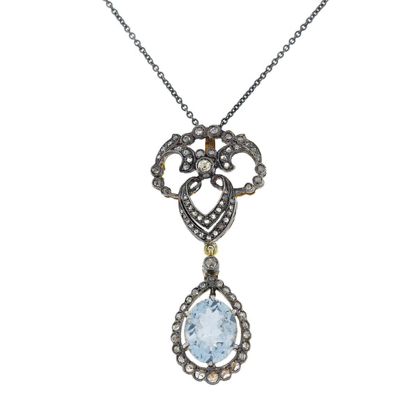 Victorian 18kt/Sterling Aquamarine + Diamond Pendant Necklace 3.00ctw