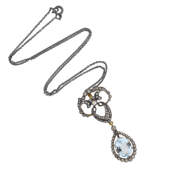 Victorian 18kt/Sterling Aquamarine + Diamond Pendant Necklace 3.00ctw