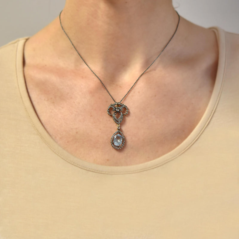 Victorian 18kt/Sterling Aquamarine + Diamond Pendant Necklace 3.00ctw
