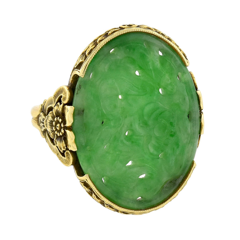 Art Deco 18kt Hand Carved Natural Jadeite Floral Ring