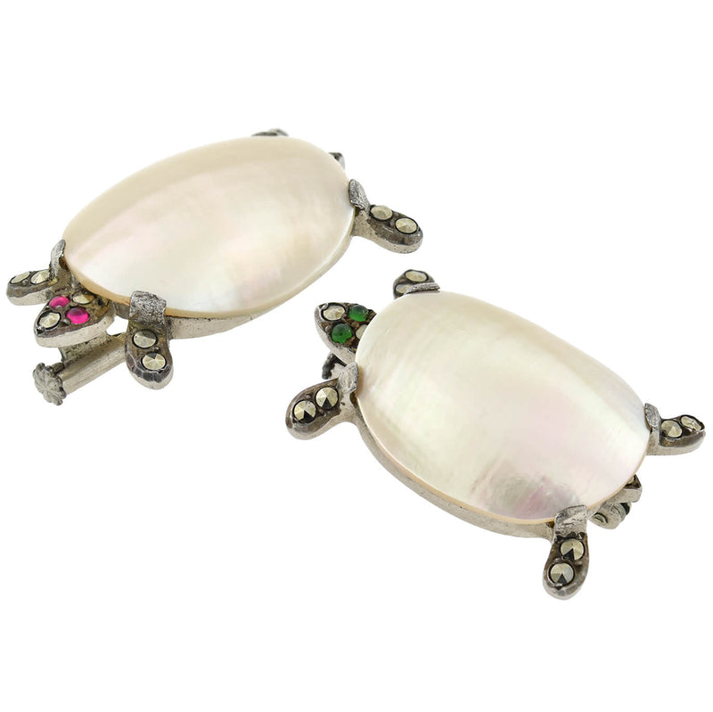Art Deco Silver French Mother of Pearl + Marcasite 2-Piece Turtle Scatter Pin Set