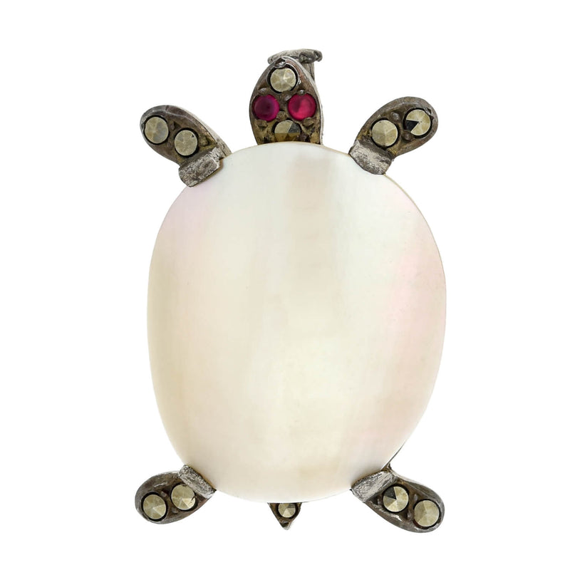 Art Deco Silver French Mother of Pearl + Marcasite 2-Piece Turtle Scatter Pin Set