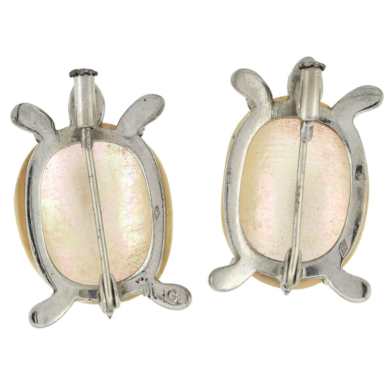 Art Deco Silver French Mother of Pearl + Marcasite 2-Piece Turtle Scatter Pin Set