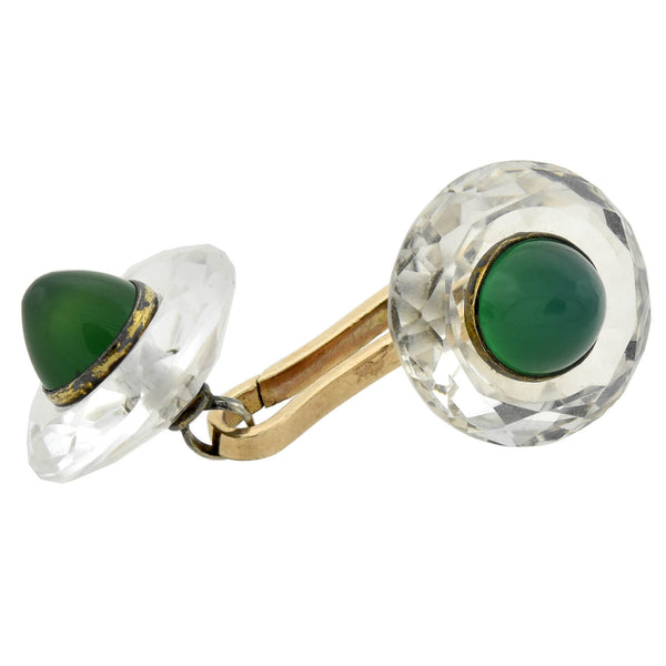 Late Art Deco 18kt/Sterling Faceted Rock Crystal + Chrysoprase Cufflinks