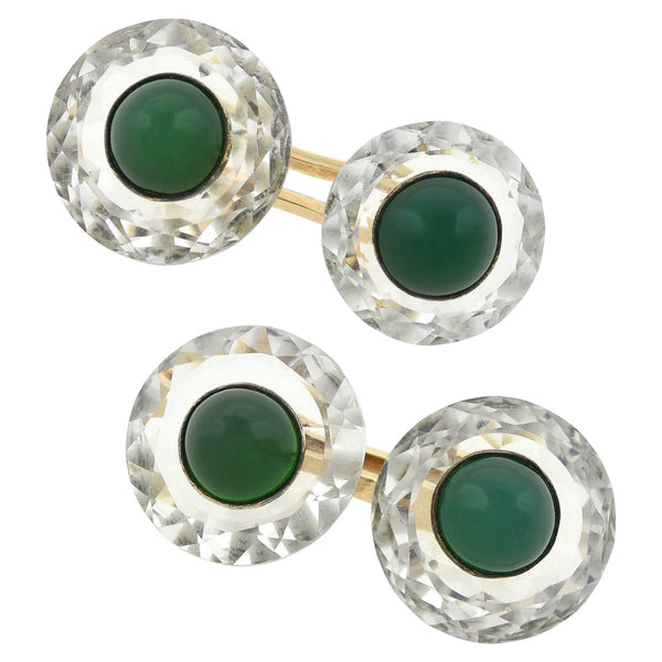 Late Art Deco 18kt/Sterling Faceted Rock Crystal + Chrysoprase Cufflinks