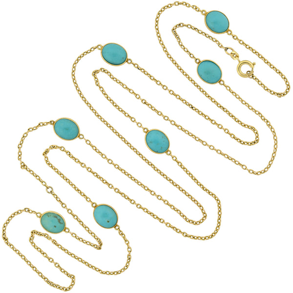 Art Nouveau 14kt Turquoise Link Chain Necklace 42.5"