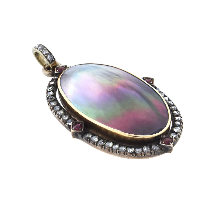 Art Nouveau 14kt Diamond + Ruby Abalone Shell Pendant