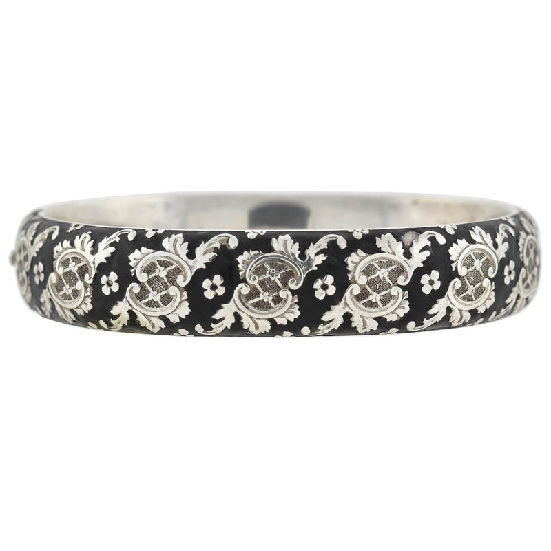 Victorian Austria-Hungarian Silver + Black Enameled Bangle Bracelet