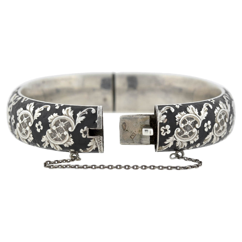 Victorian Austria-Hungarian Silver + Black Enameled Bangle Bracelet