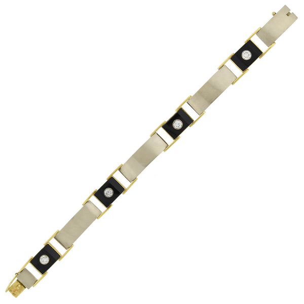 Retro 14k Metals Diamond + Carved Onyx Link Bracelet