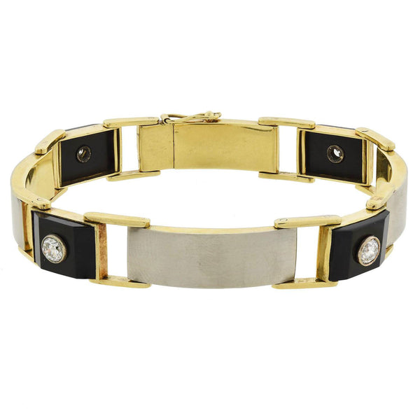 Retro 14k Metals Diamond + Carved Onyx Link Bracelet
