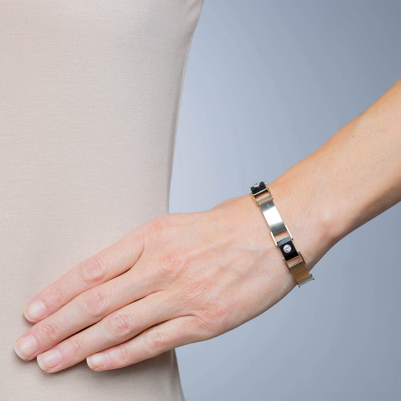 Retro 14k Metals Diamond + Carved Onyx Link Bracelet