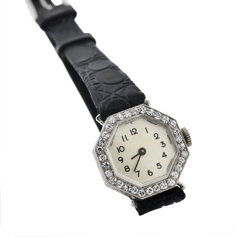 Hayden W. Wheeler & Co. Art Deco Platinum Diamond Watch with Leather Band