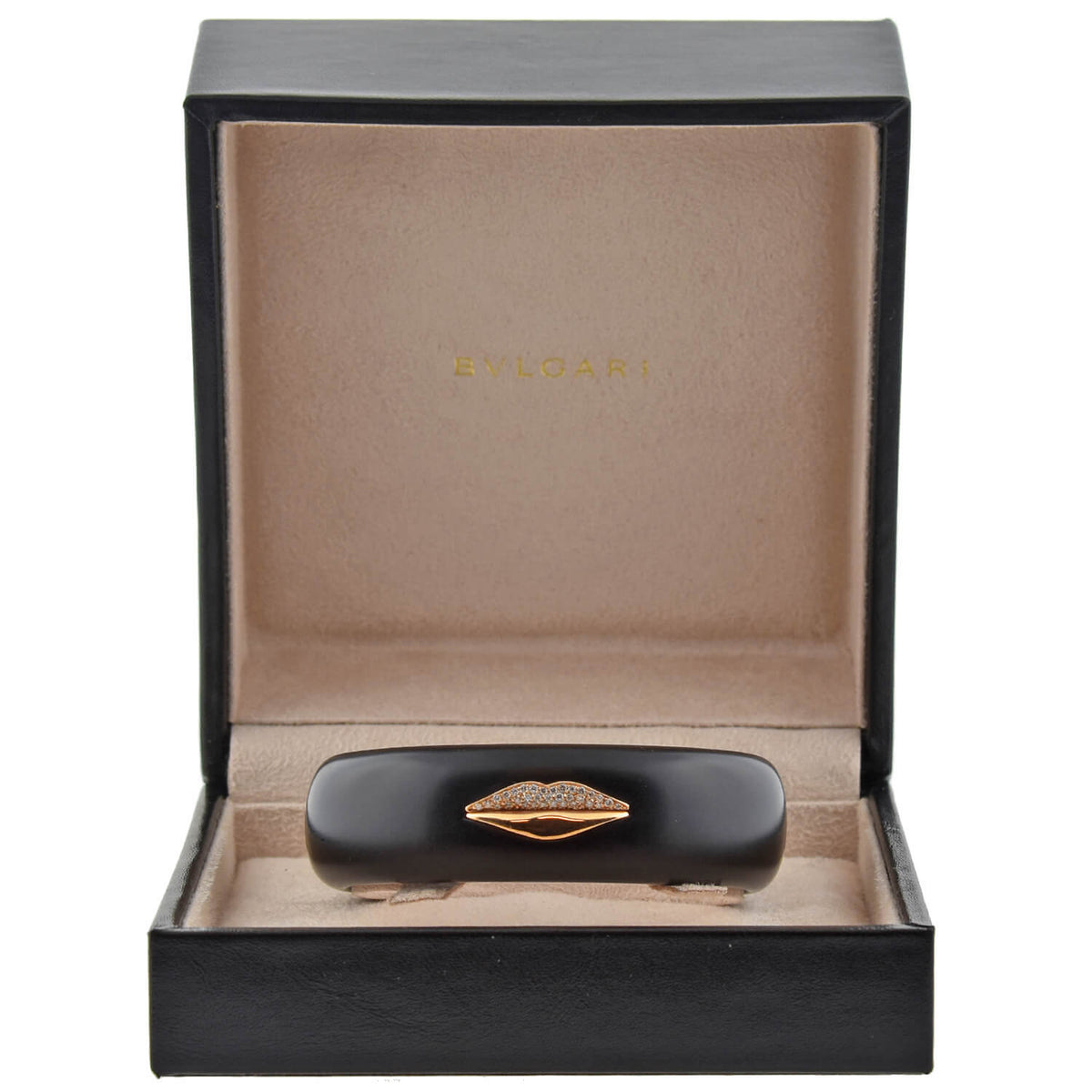 G. BVLGARI Vintage 18kt Rose Gold + Jet "Enigma" Diamond Lips Cuff Bracelet