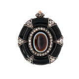 Victorian 14k Banded Agate, Rose Cut Diamond + Enamel Mourning Locket/Pendant